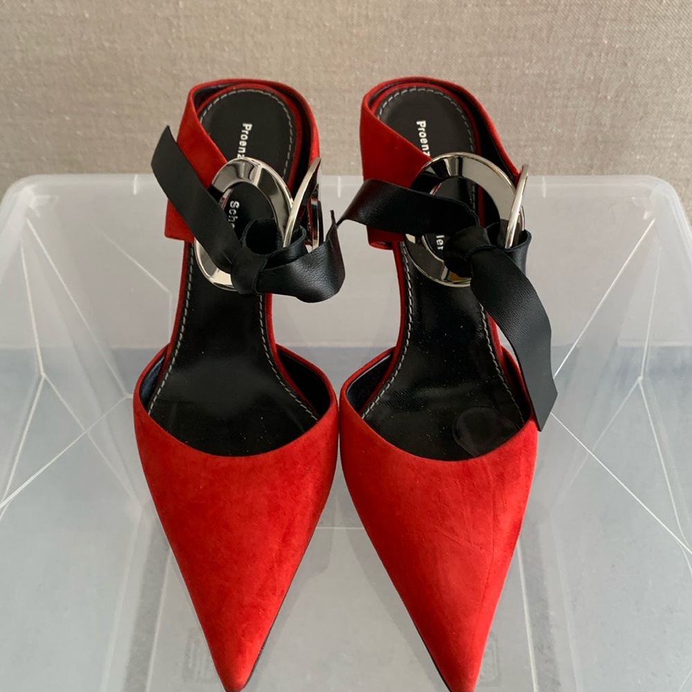 Proenza Schouler Red suede heels with metal grommets and black leather tie